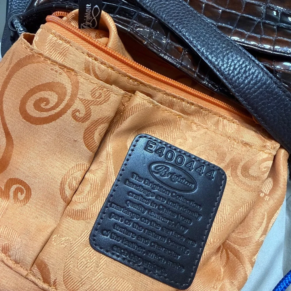 Brighton Croc‑Embossed Patent Leather Shoulder Bag – Metallic Copper Brown